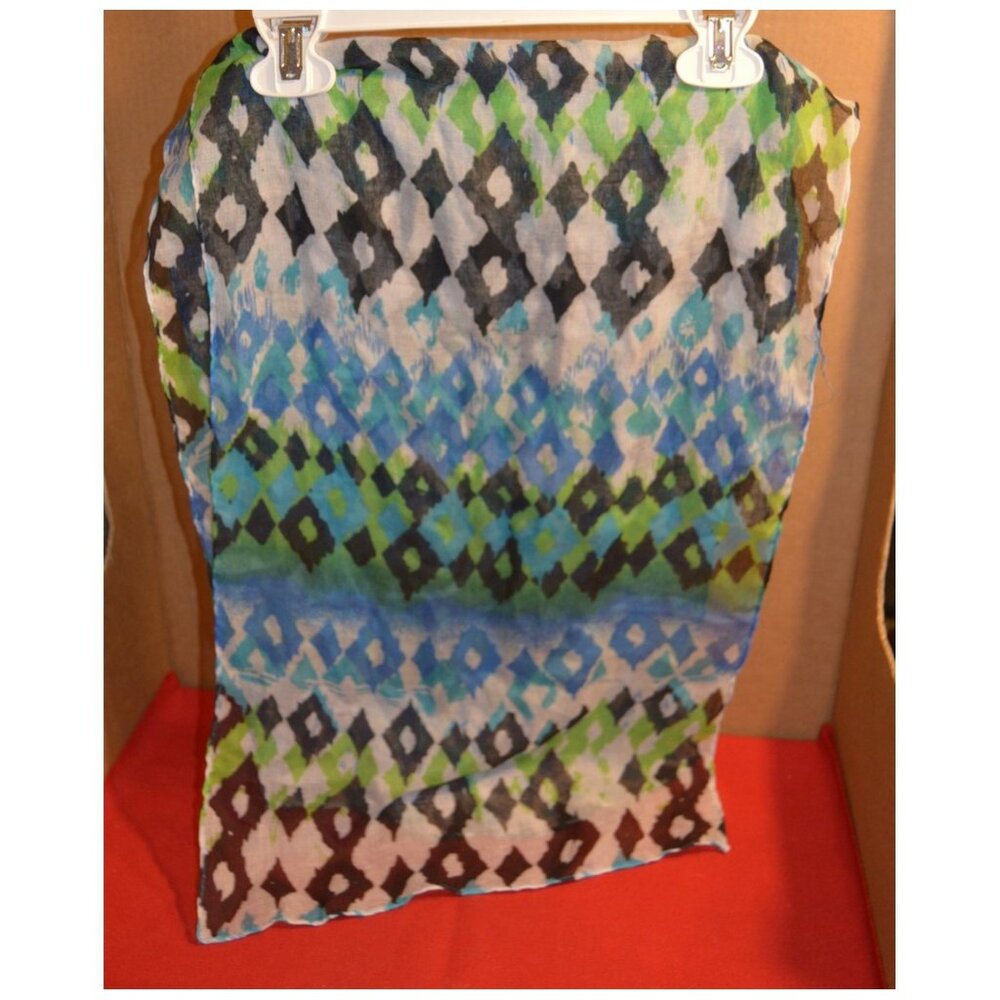 Sheer Classic Scarf Wrap Blue & Green Geometric Pattern ~64" x 13"